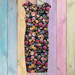 Beige By ECI Black Floral Scuba Lined Sheath Dress